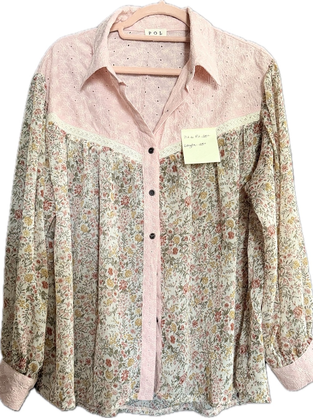 POL Floral Button-Front Blouse in Pink and Cream